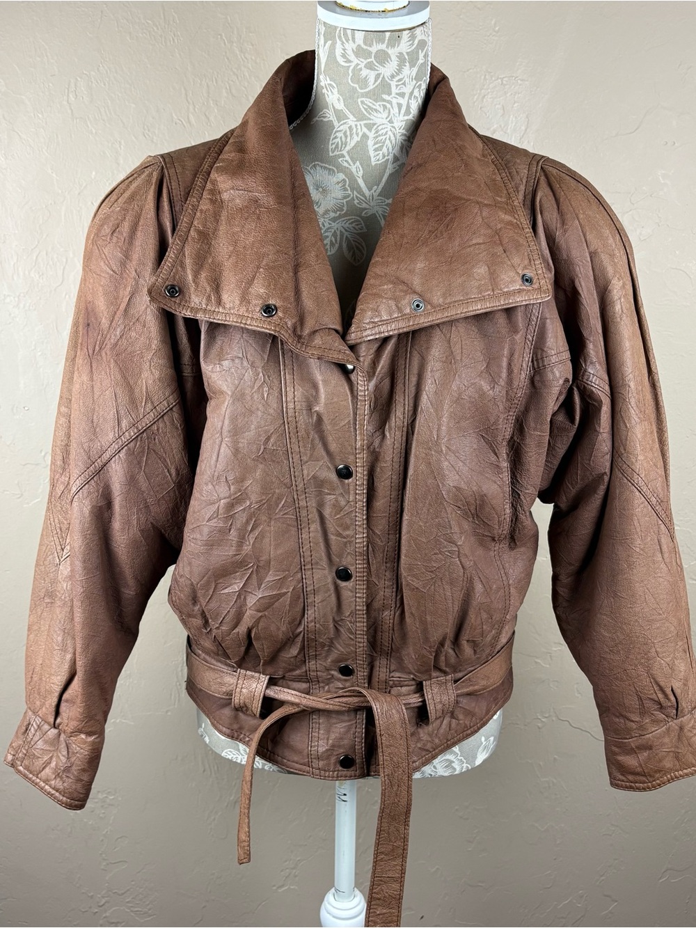 Vintage 1980s Bermans Brown Leather Jacket Coat Puff Sleeves Snap Womens size XS